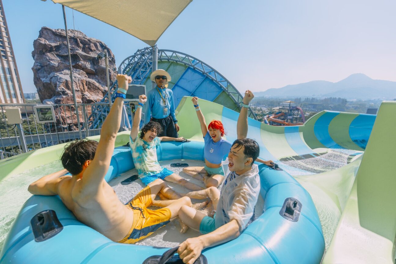 Guests on a tube getting ready to go down a slide 